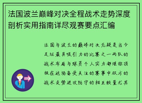法国波兰巅峰对决全程战术走势深度剖析实用指南详尽观赛要点汇编