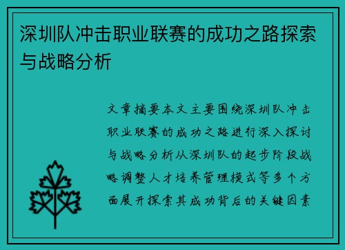 深圳队冲击职业联赛的成功之路探索与战略分析