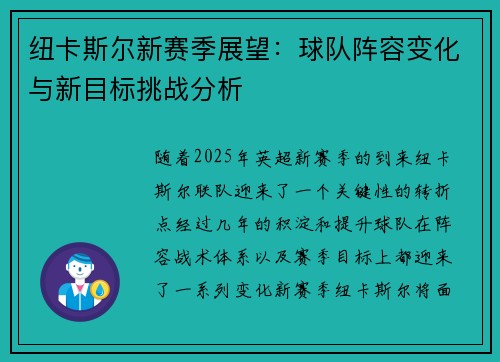 纽卡斯尔新赛季展望：球队阵容变化与新目标挑战分析