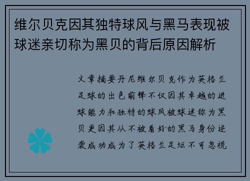 维尔贝克因其独特球风与黑马表现被球迷亲切称为黑贝的背后原因解析