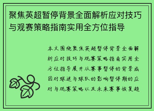 聚焦英超暂停背景全面解析应对技巧与观赛策略指南实用全方位指导