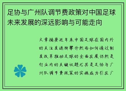 足协与广州队调节费政策对中国足球未来发展的深远影响与可能走向